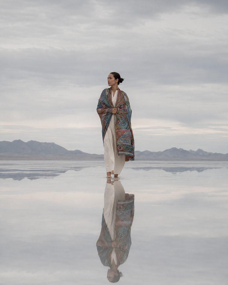 Pashminari campaign — a shawl photographed on salt flats