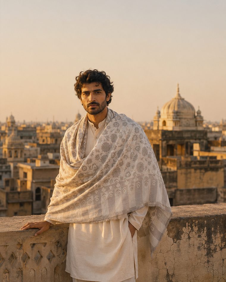 Pashminari campaign — a shawl photographed on a rooftop at dusk