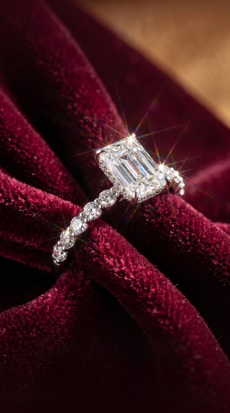 Emerald-cut engagement ring on deep red velvet