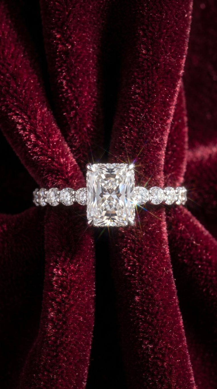 Top-down product shot of a diamond ring