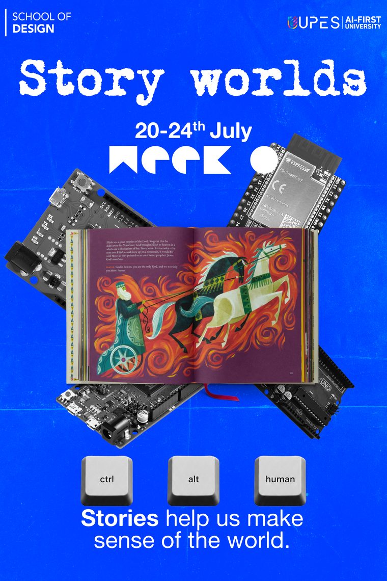 Story Worlds poster — an illustrated book on circuit boards