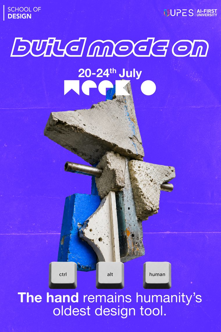 Build Mode On poster — a concrete and steel sculpture