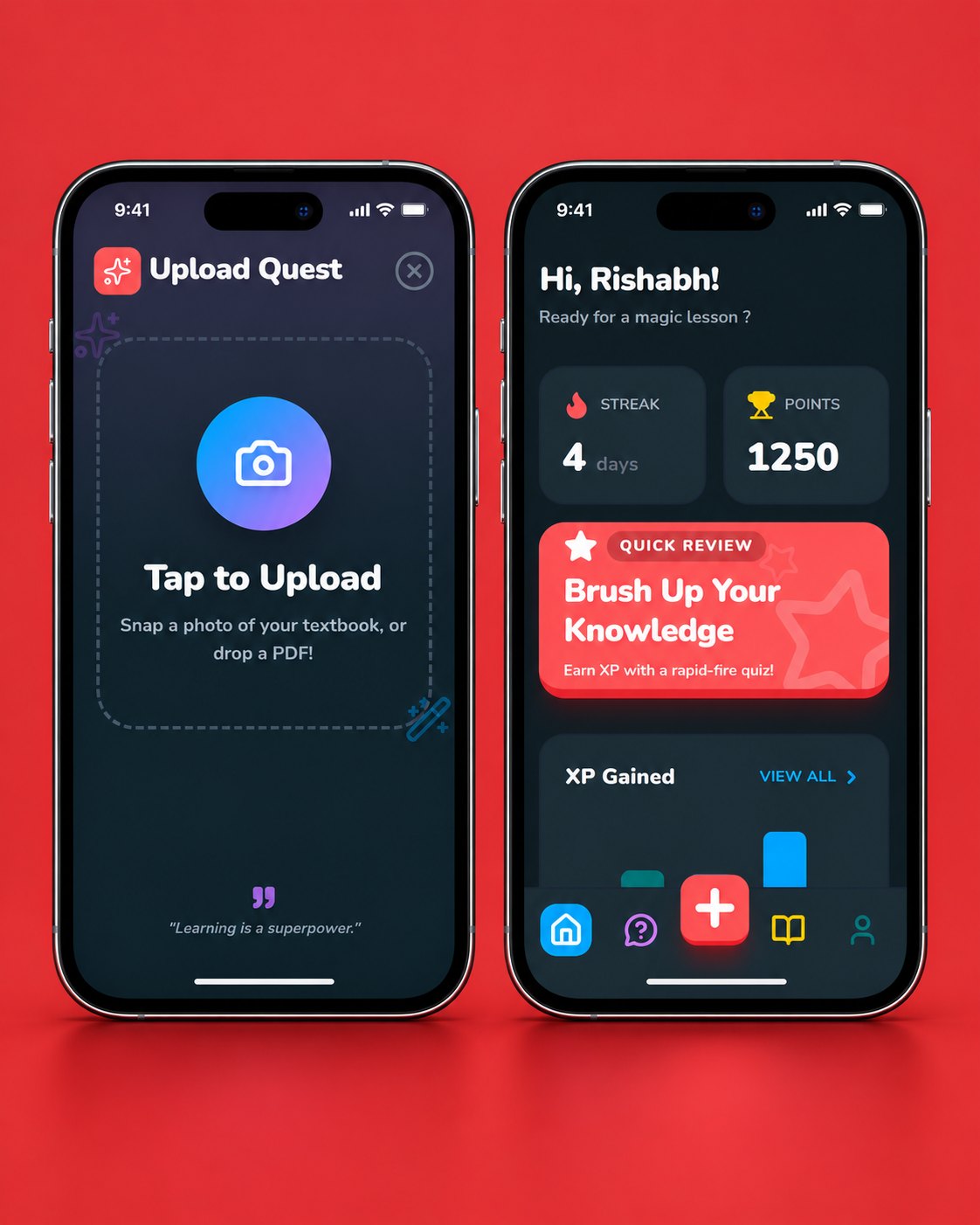 Magic Lesson — two phone screens, Upload Quest and the home dashboard, on red