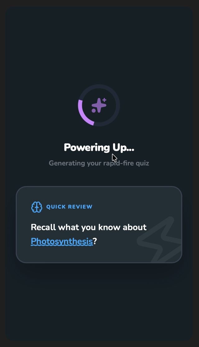 Powering Up loading screen generating a rapid-fire quiz about photosynthesis