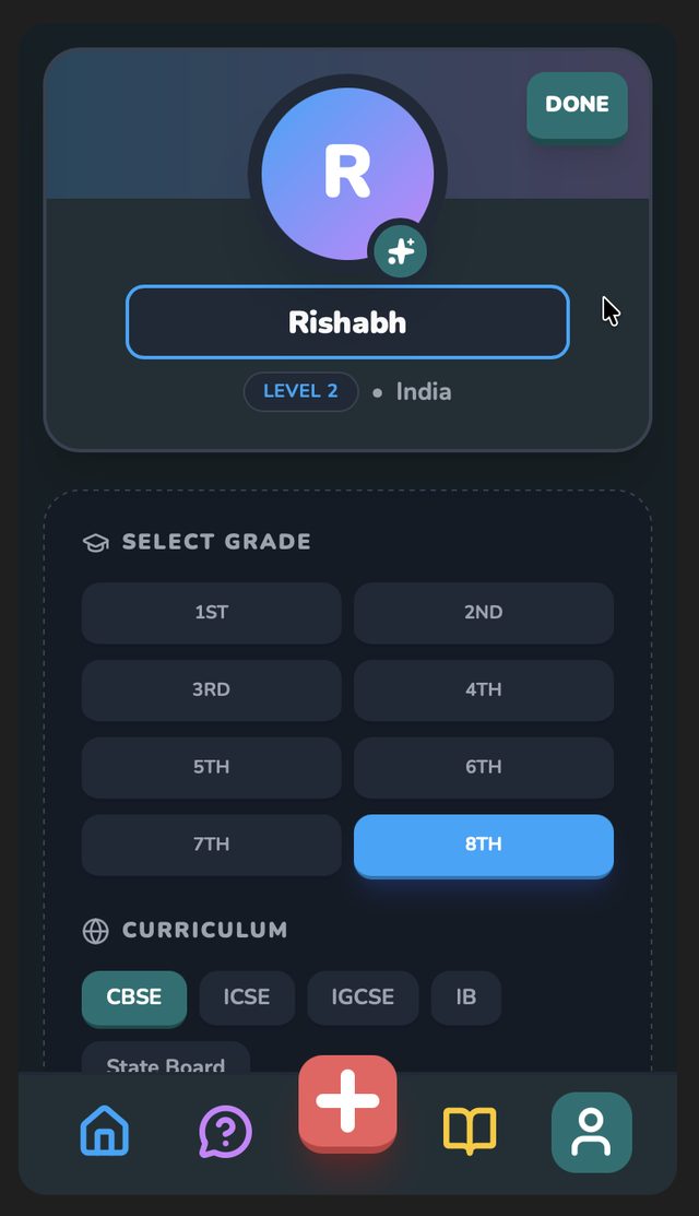 Profile edit screen with a Done button top right, a grade grid from 1st to 8th and curriculum tiles