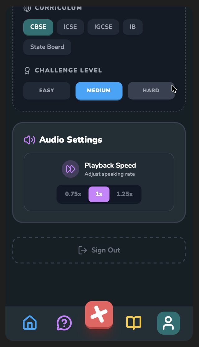 Lower profile settings: curriculum, challenge level and audio playback speed