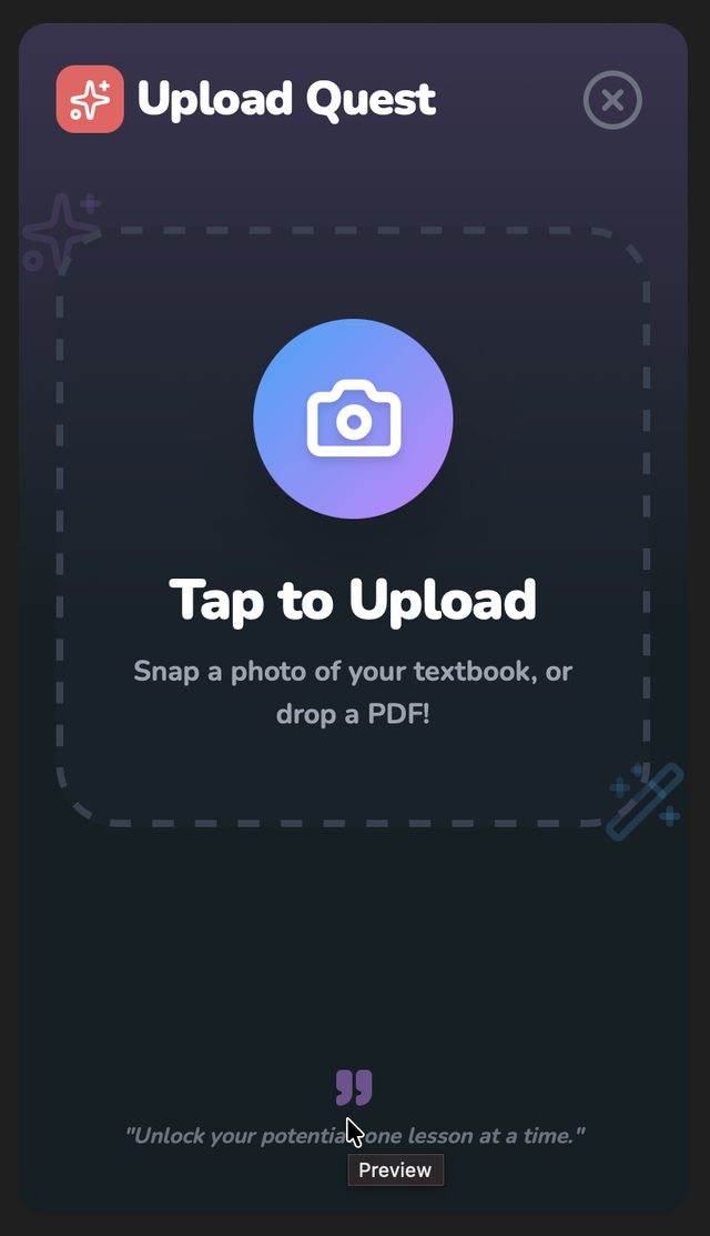 Upload Quest modal: tap to upload a photo of your textbook or drop a PDF